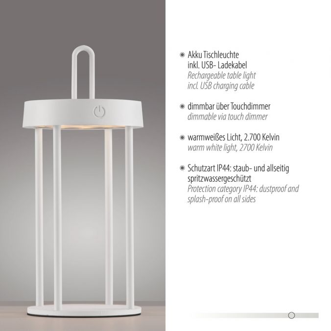 Paul Neuhaus LED Akkulampe Tischleuchte weiß 28cm Touchdimmer IP44 Gartenleuchte Tägliche Deals