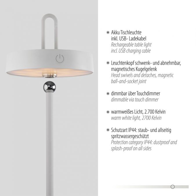 Paul Neuhaus LED Tischlampe weiß Akku Touchdimmer spritzwassergeschützt USB Exklusivangebot