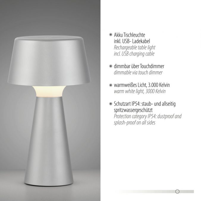Paul Neuhaus LED Akkuleuchte Tischleuchte silber Touchdimmer IP54 USB Innen-Außenbereich Preisnachlass
