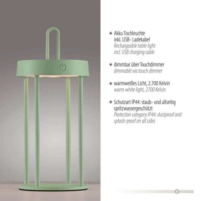 Paul Neuhaus LED Akkulampe Tischleuchte grün 28cm Touchdimmer IP44 Gartenleuchte Muttertagsangebot