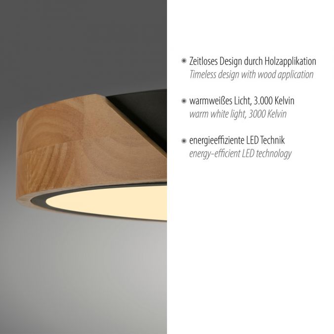 Paul Neuhaus LED Deckenleuchte rund schwarz mit Holzdekor zeitloses Design Top Angebot
