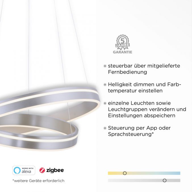 Paul Neuhaus Paul Neuhaus Q VITO LED Hängelampe Smart Home silberfarbig rund doppel Ring Fernbedienung Kostenlose Rückgabe
