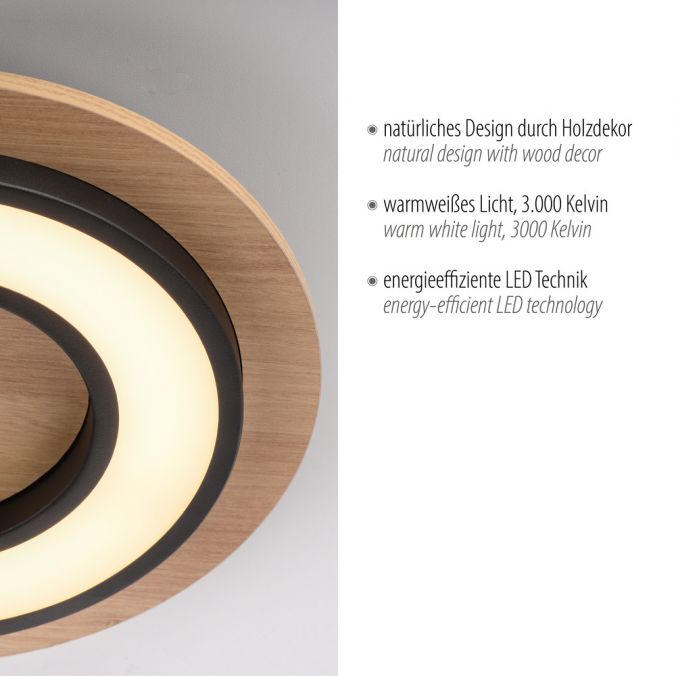 Paul Neuhaus LED Deckenleuchte schwarz rund Mettall und Holzdekor 3000K warmweiß Räumungsverkauf