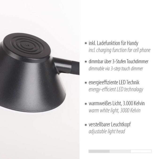Paul Neuhaus LED Tischleuchte schwarz Handy Ladefunktion Touchdimmer verstellbar Neueste Stile