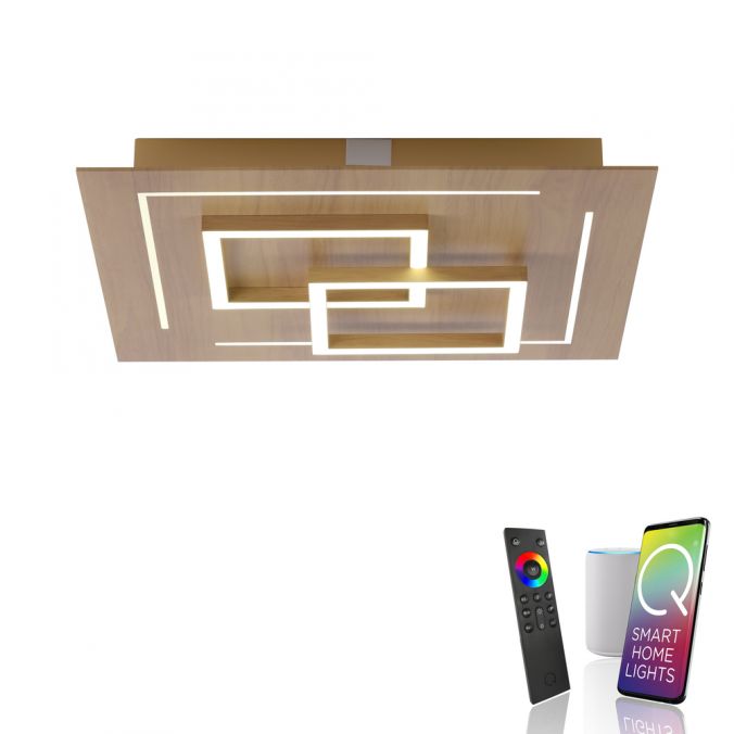 Paul Neuhaus Paul Neuhaus, Q-LINEA, LED-Deckenleuchte, Holzdekor, Fernbedienung, Smart Home