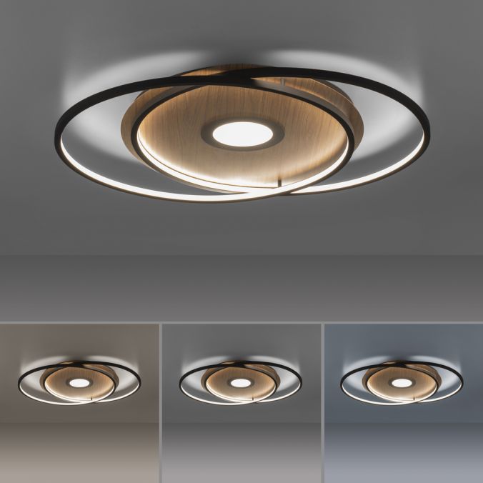 Paul Neuhaus Q-AMIRA, LED-Deckenleuchte, Holzdekor, Stahl, CCT, dimmbar, Smart Home Fabrikladen