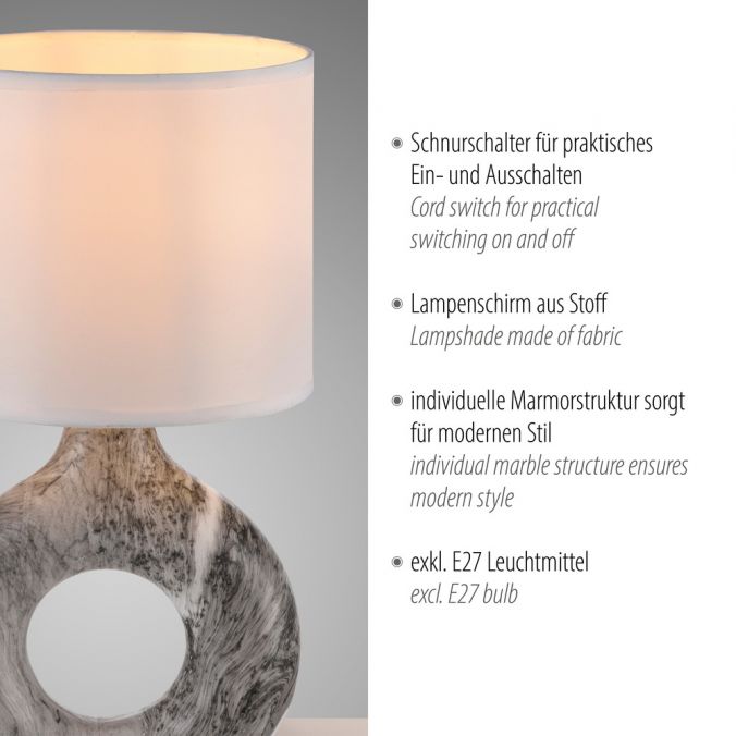 Paul Neuhaus LED Tischleuchte grau Marmor Optik weißer Stoffschirm mit Schalter Große Rabatte