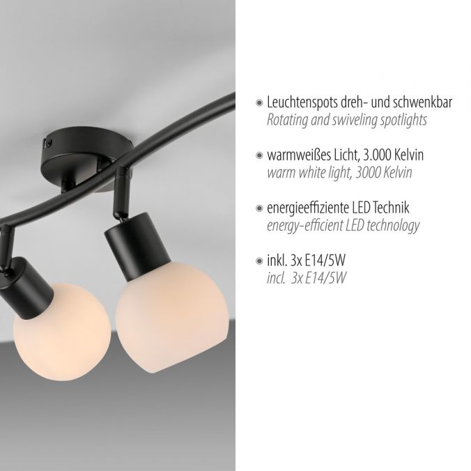 Paul Neuhaus LED Deckenleuchte schwarz Spots 3 flammig drehbar schwenkbar Opalglas zollfrei