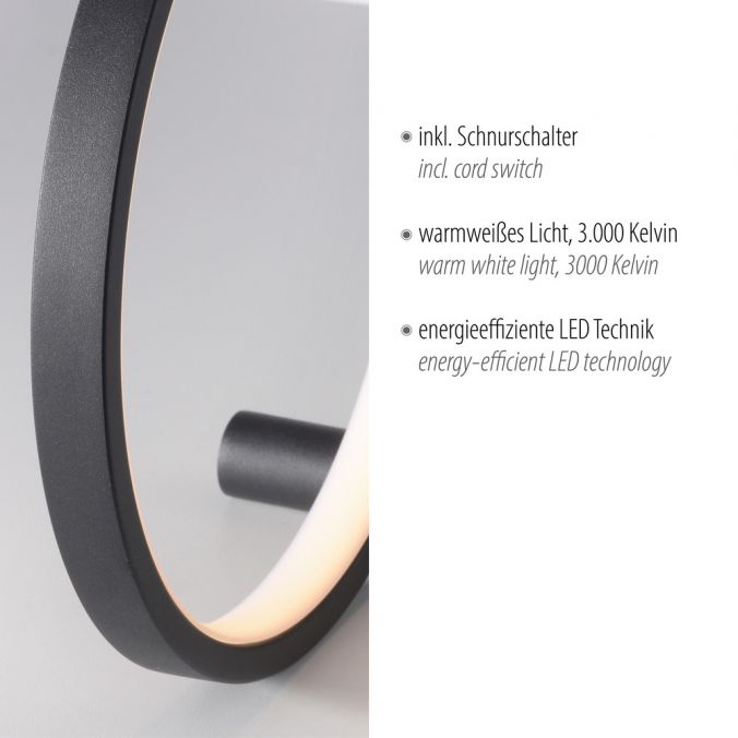 Paul Neuhaus LED Tischleuchte schwarz ring minimalistisch Schnurschalter Beistellampe Räumungsverkauf