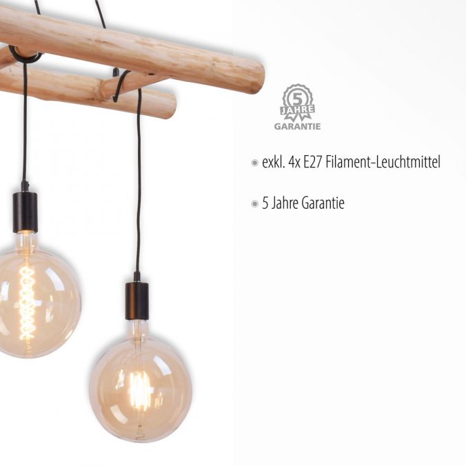 Paul Neuhaus Pendelleuchte schwarz Retro Design Holzleiter 4-flammig Eukalyptusholz Vatertagsangebot