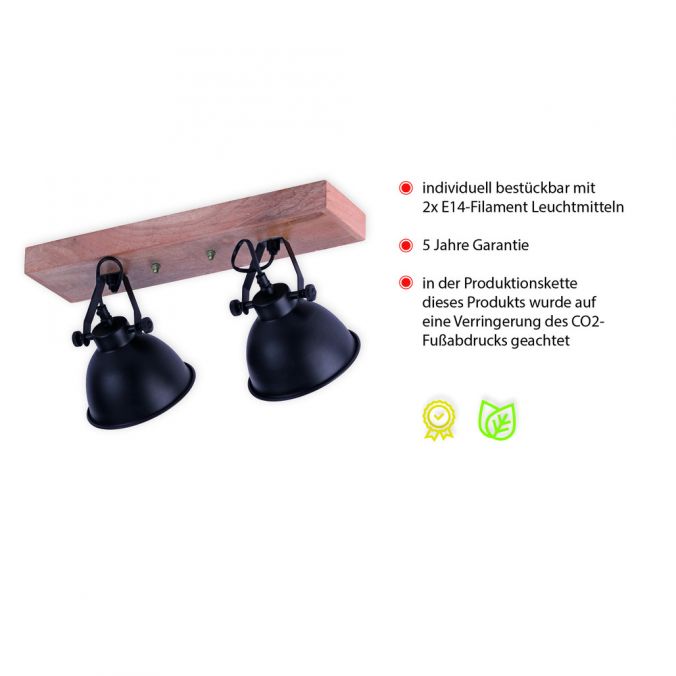 Paul Neuhaus Wand- und Deckenleuchte, schwarz, 2flg, Retro-Look, Vintage, drehbar, Holz Räumungsverkauf