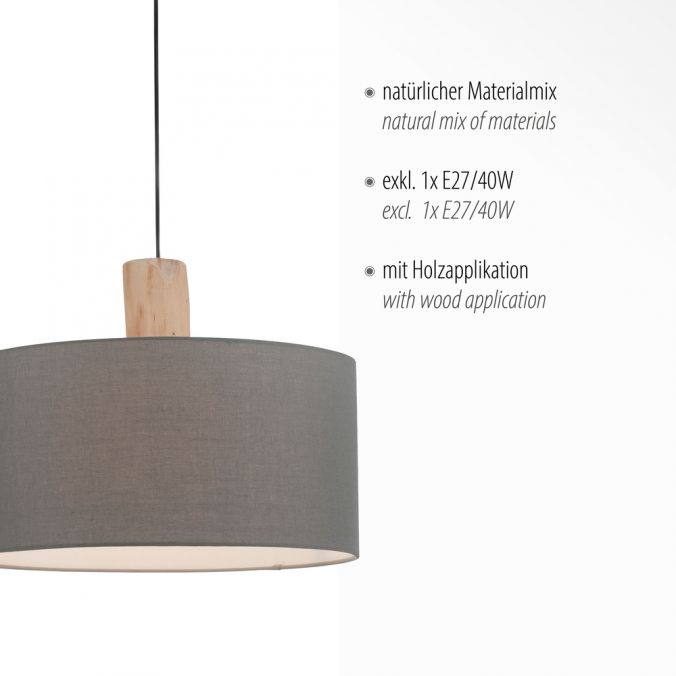 Paul Neuhaus Pendelleuchte, Stoff, grau, E27, Holz 50% Rabatt mit kostenlosem Versand