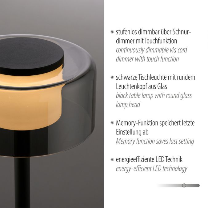 Paul Neuhaus LED Tischleuche schwarz stufenlos dimmbar Rauchglas Memoryfunktion Speichern exportieren