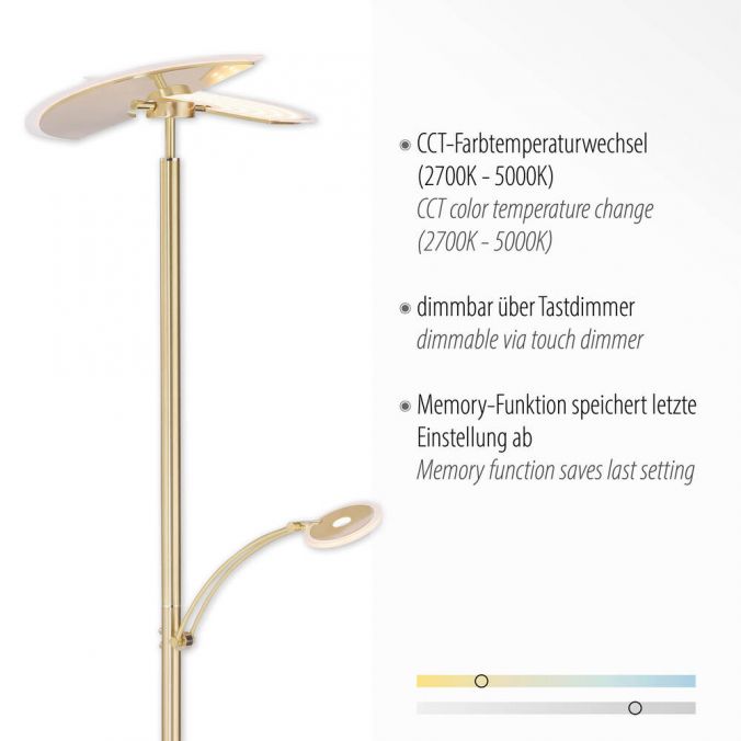 Paul Neuhaus LED-Stehleuchte in messing-matt mit Lesearm und Lichtfarbsteuerung mit Memoryfunktion und Tastdimmer Versandkostenfrei