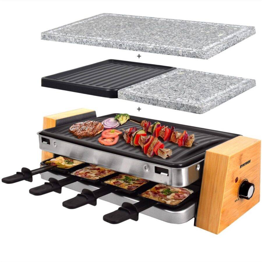 Syntrox Germany 8er 3in1 Raclette Set Tischgrill Steinplatte Pfännchen Lugaro