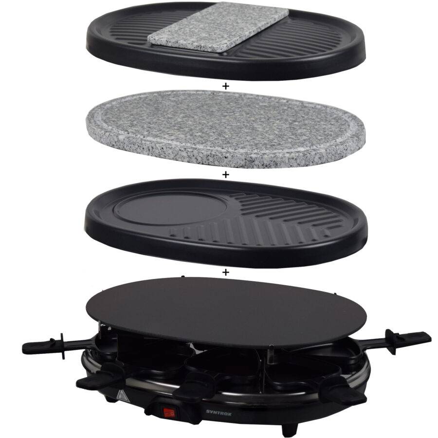 Syntrox Germany 8er 4in1 Raclette mit Glasplatte Set Grill Emailliert Chural